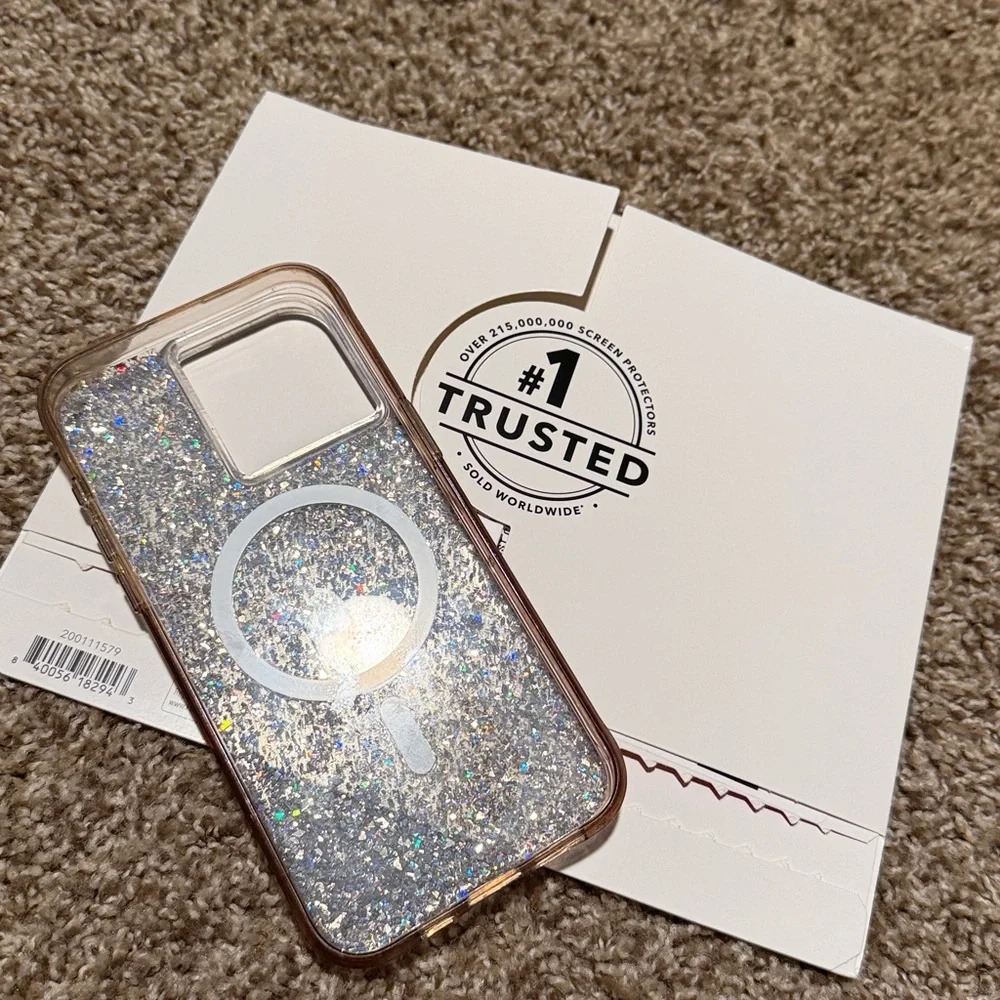 Silver sparkle CaseMate case & new Zagg screen protector for iPhone 15 ProMax
